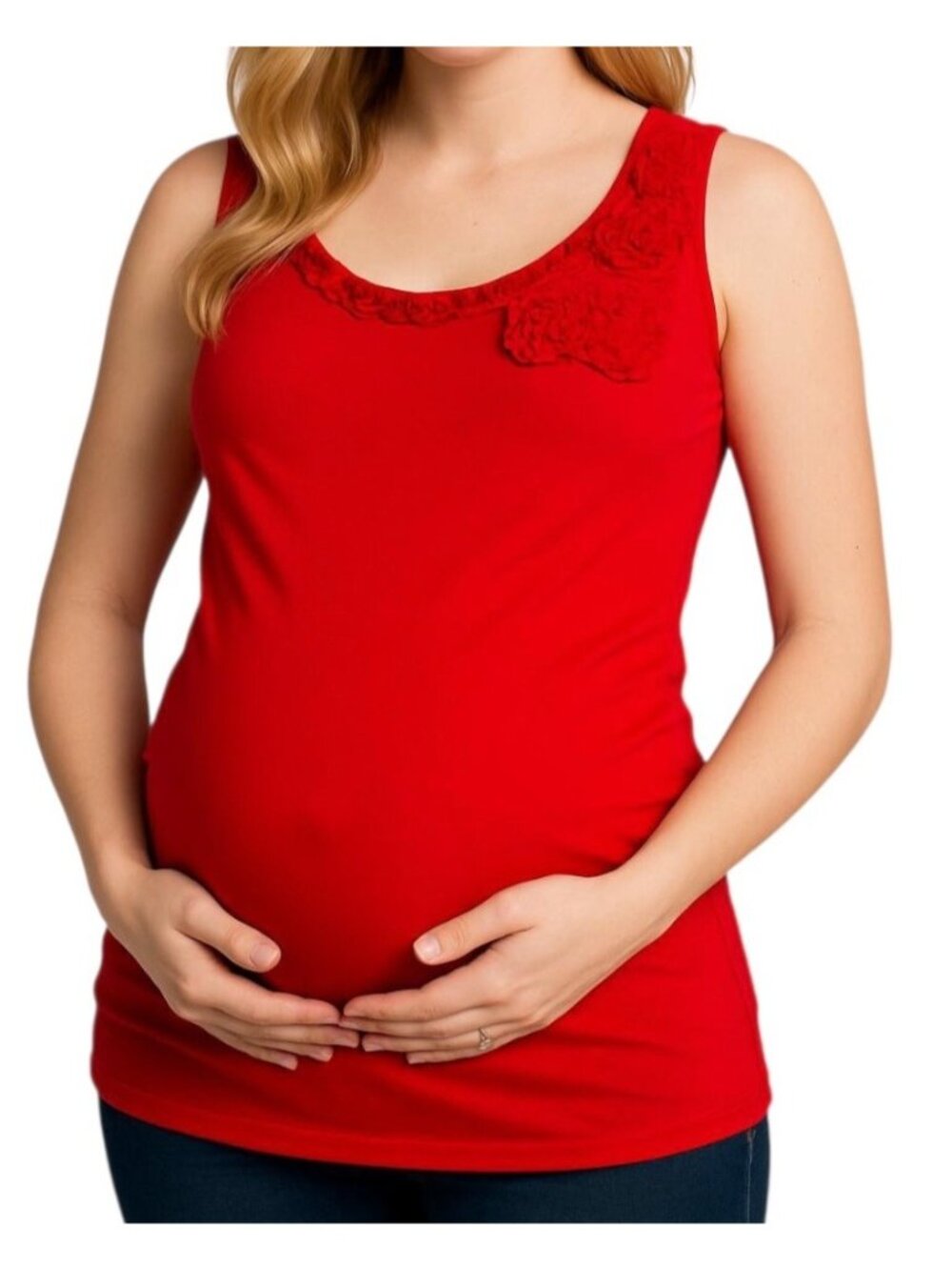 Liz Lange Maternity Floral Fringe Detail Sleeveless Tee~Size XS~Red Tank  L3 13
